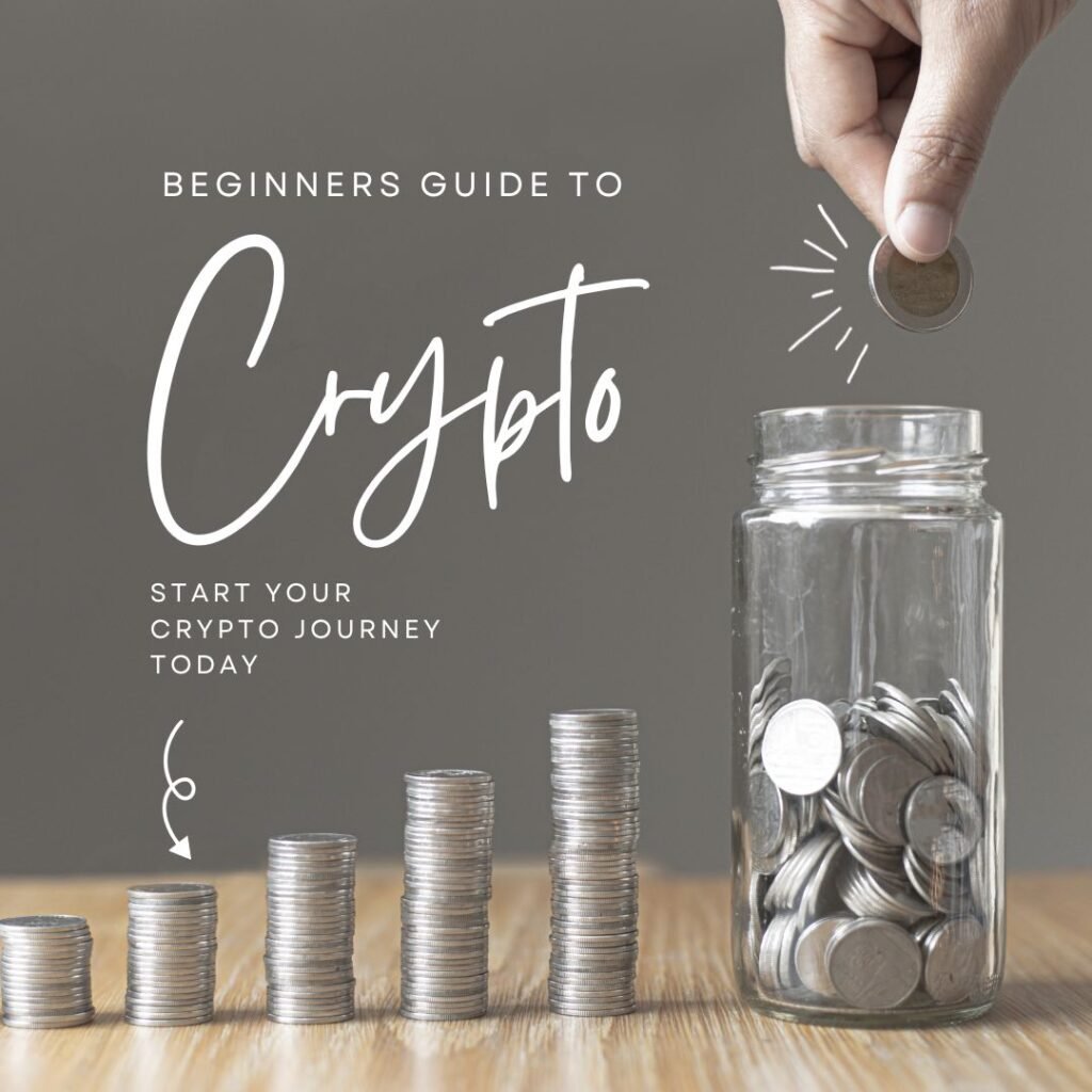 Beginner's guide to cryptocurrency with visual coin stacking, promoting how to trade cryptocurrency as a beginner.