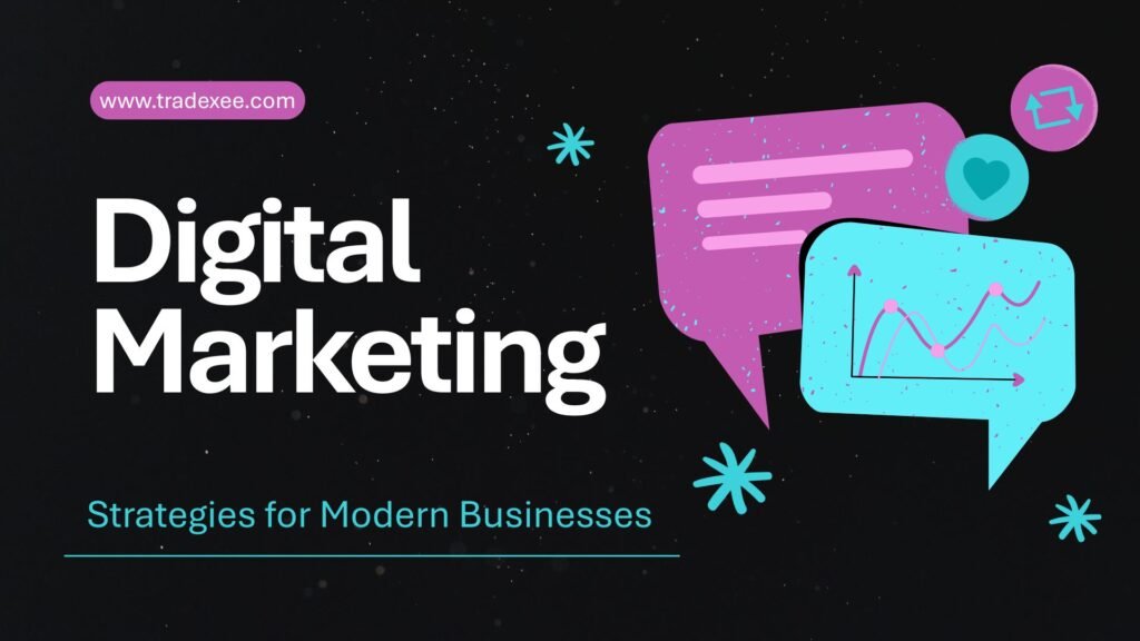Digital marketing visual showing social media platforms for digital marketing with icons, graphs, and website URL www.tradexee.com.