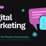 Digital marketing visual showing social media platforms for digital marketing with icons, graphs, and website URL www.tradexee.com.