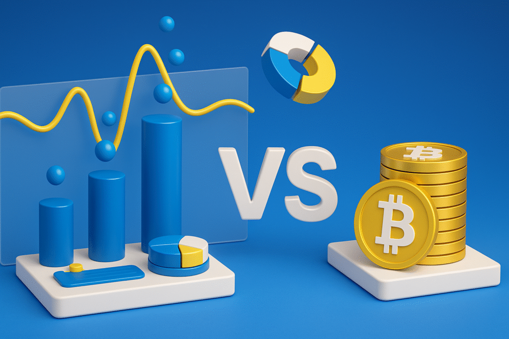 Crypto vs stocks: A 3D-rendered digital illustration showing blue bar charts and pie charts for stocks on the left, and gold Bitcoin stacks representing crypto on the right, highlighting the comparison
