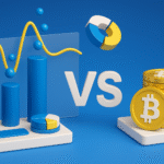 Crypto vs stocks: A 3D-rendered digital illustration showing blue bar charts and pie charts for stocks on the left, and gold Bitcoin stacks representing crypto on the right, highlighting the comparison