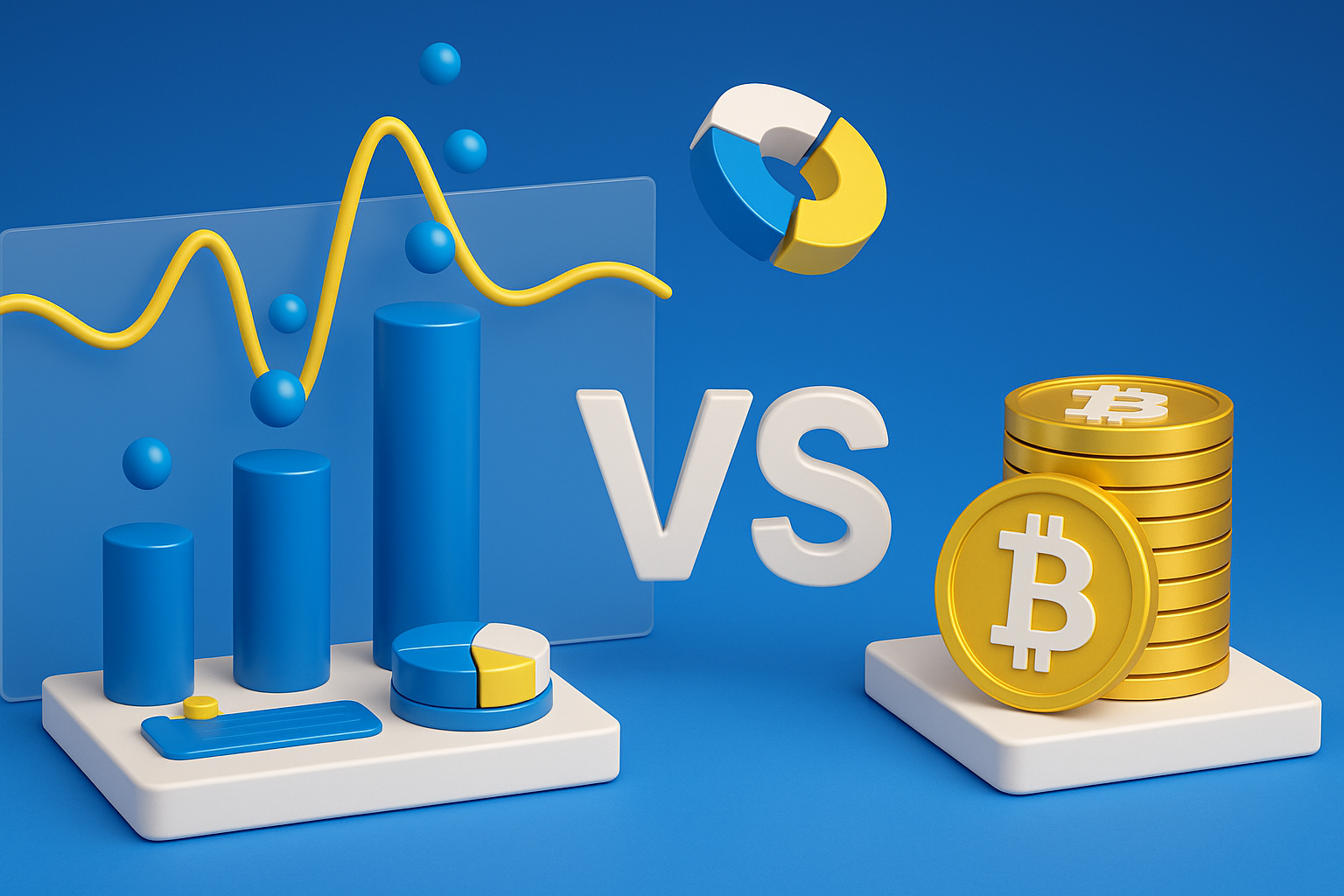 Crypto vs stocks: A 3D-rendered digital illustration showing blue bar charts and pie charts for stocks on the left, and gold Bitcoin stacks representing crypto on the right, highlighting the comparison