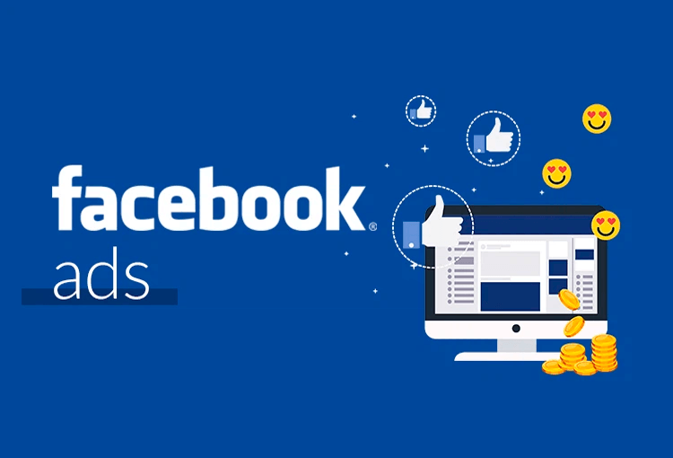 Illustration of Facebook ads showing a computer screen with thumbs up, emoji reactions, and coins, representing Facebook advertising success and engagement.