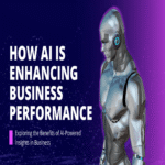 Futuristic illustration of a humanoid robot beside bold text saying “How AI is Enhancing Business Performance” with a subtitle about AI-powered insights in business.
