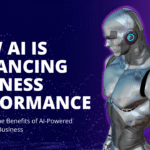 A humanoid robot representing artificial intelligence in business, with bold text "How AI is Enhancing Business Performance" on a digital gradient background.