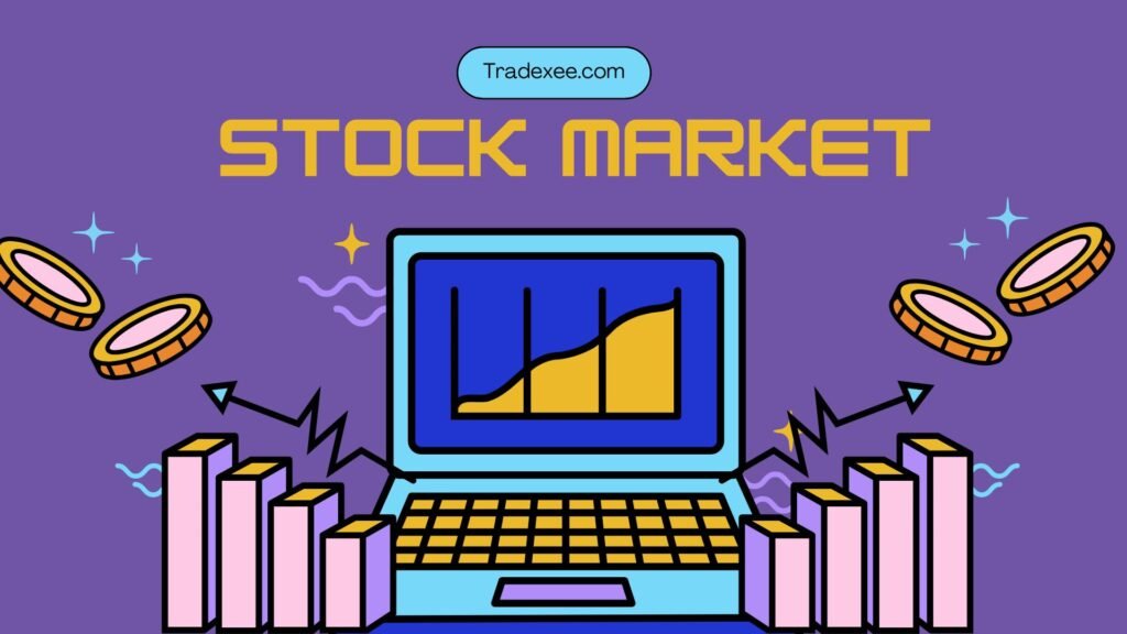 Colorful stock market illustration with rising graph on laptop screen, representing growth trends in best performing stocks over the last 5 years.