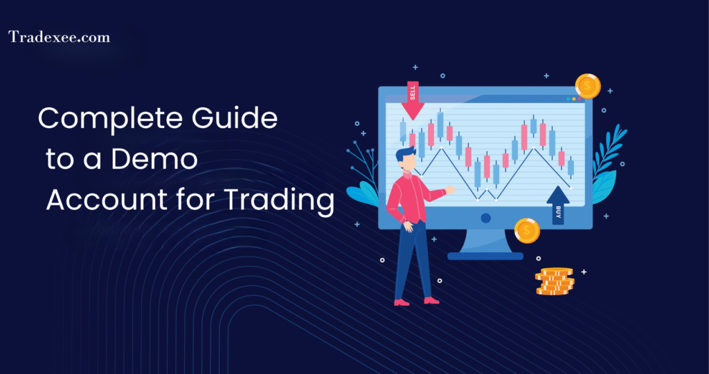 Illustration of a person analyzing candlestick charts on a computer screen with buy and sell signals, representing how to use a demo account for trading.