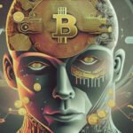 Futuristic AI face integrated with digital Bitcoin and crypto elements, symbolizing AI for cryptocurrency trading and blockchain technology innovation