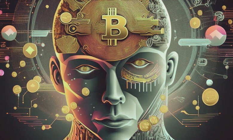 Futuristic AI face integrated with digital Bitcoin and crypto elements, symbolizing AI for cryptocurrency trading and blockchain technology innovation