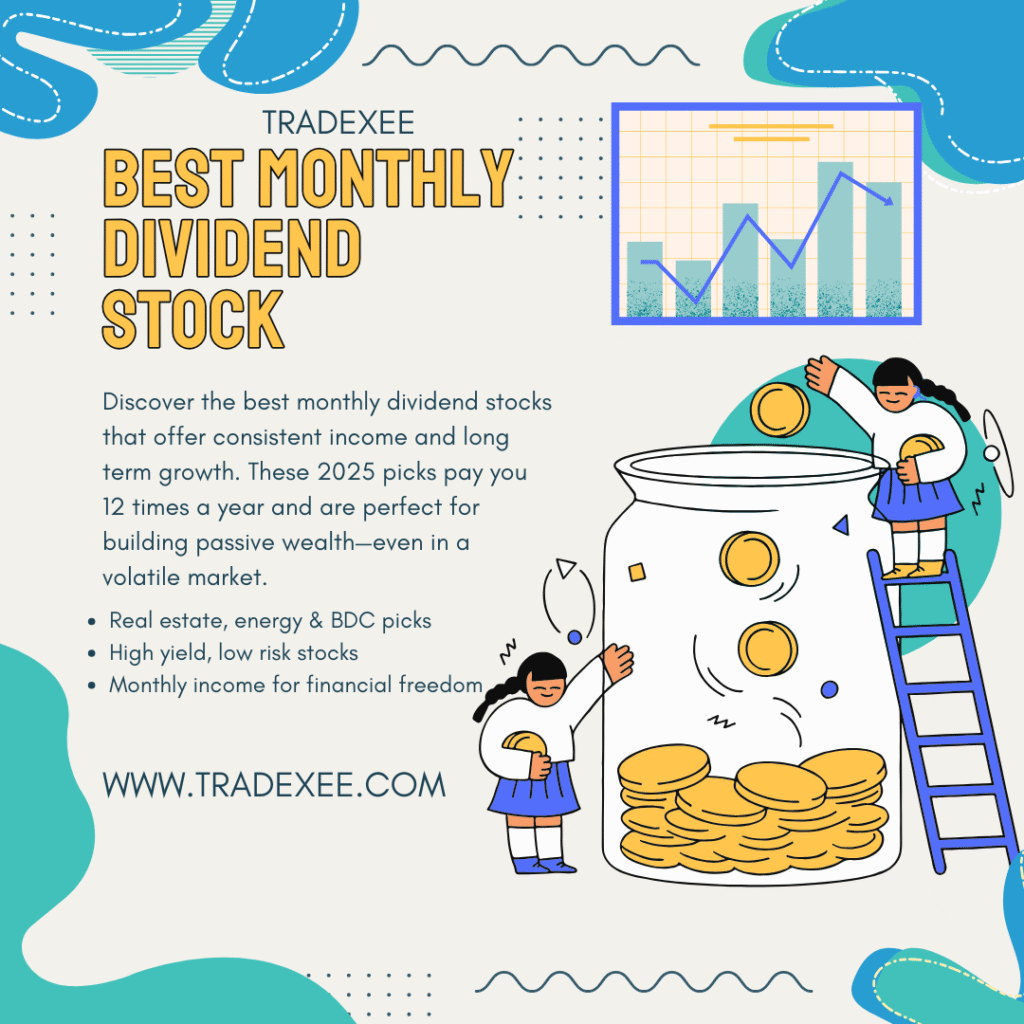 Illustration of children saving coins in a large jar with a stock market chart and text promoting best monthly dividend stocks by Tradexee for 2025.