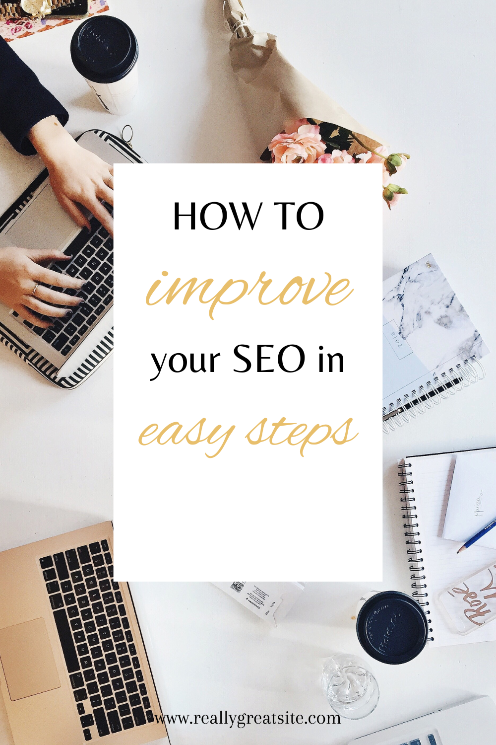 nfographic illustrating how to improve your SEO with tips like keyword research, creating quality content, optimizing for mobile, improving page speed, building backlinks, and performing regular site audits.